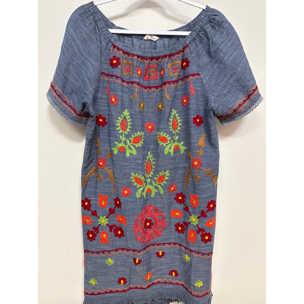 Rocks & Indigo Blue Chambray Embroidered Floral Fringe Shift Dress XL Boho